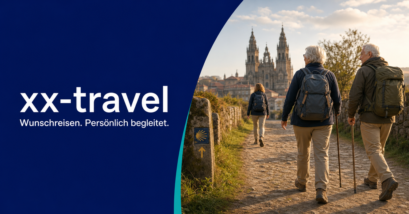 Zwei ältere Reisende und eine Begleitperson auf dem Weg nach Santiago de Compostela